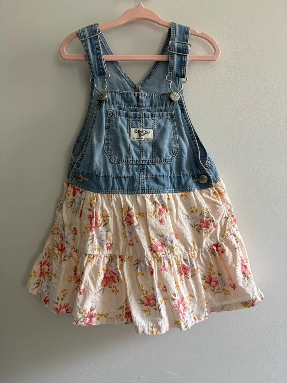 OshKosh B'gosh Denim Bib Overall Dress with Cream Floral Skirt